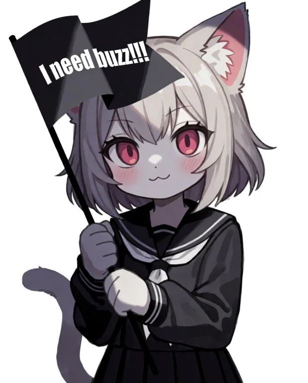 Amarina, Anime Style Cat Holding Flag With Text I Need Buzz