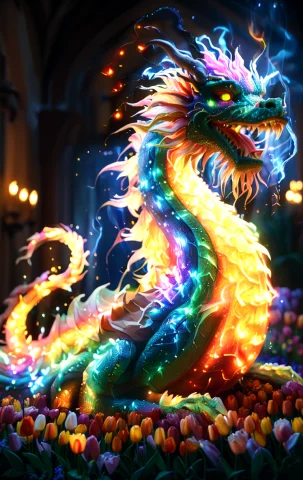 Jaynl-tm, Loratulipmania0.7 Loramysticluminar11 Colorful, Lu... — SDXL AI Prompt: jaynl-tm, colorful, luminous, (fire-breathing Dragon made of tulips:0.85), ela...
