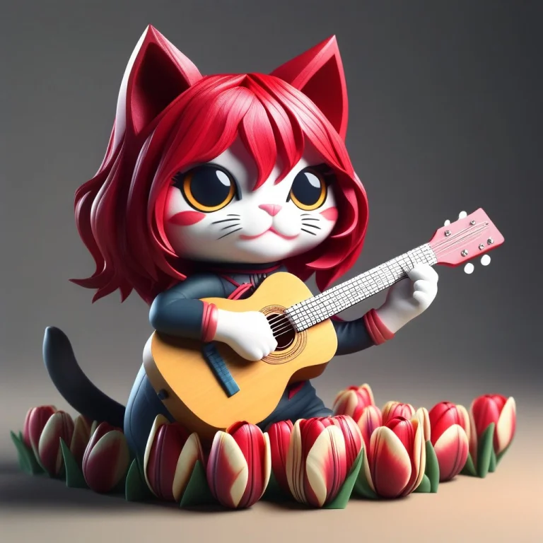 A 3d Chibi Anime Red Hair Cat Girl Playing Tulips Guitar Jay...