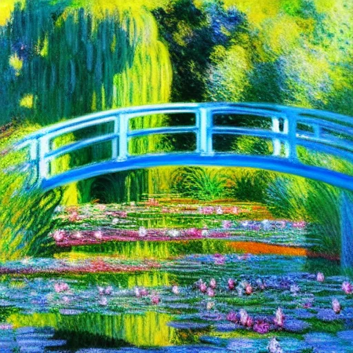 A Japanese Bridge Over A Pond Covered With Water Lilies, Sof...