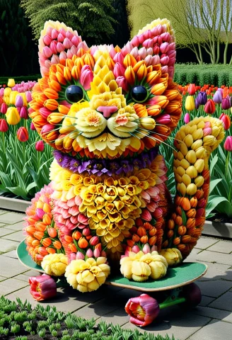 Tulip Petals, Garfield Cat Formed Entirely From Densely Laye... — SDXL AI Prompt: tulip petals, Garfield cat formed entirely from densely layered tulip flowers an...