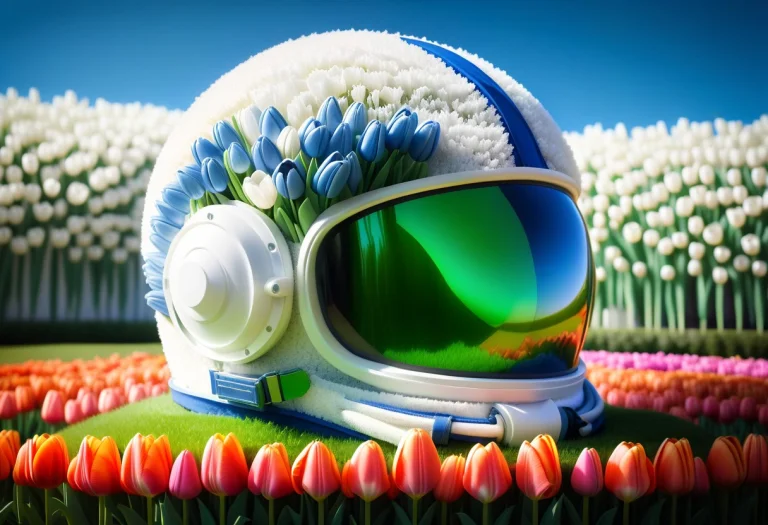 An Astronauts Helmet Resting On A Lush Green Lawn Under A Br...