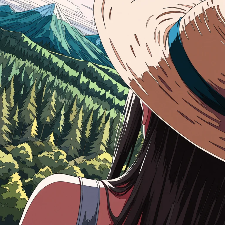 1girl, Sun Hat, Mountain, Forest, From Above, From Behind, P...