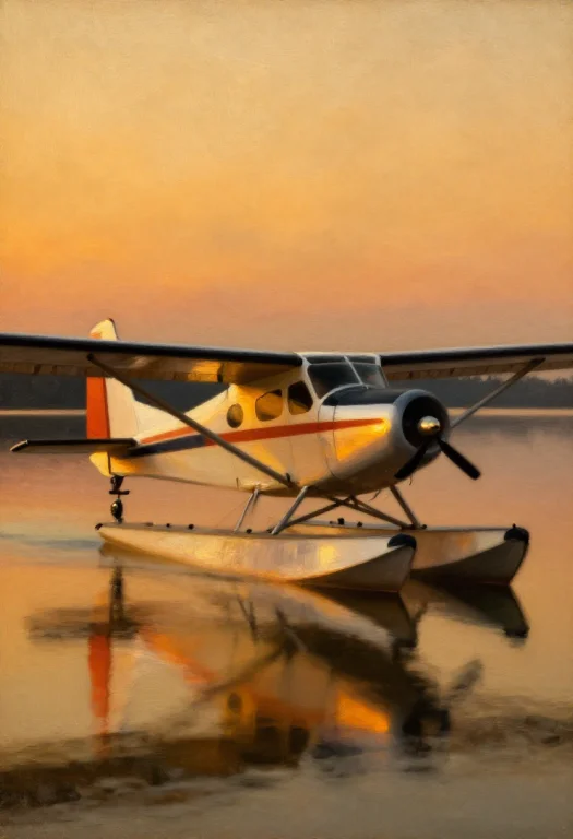 A Seaplane Resting On A Mirror-calm Lake, Impasto Texture, W...
