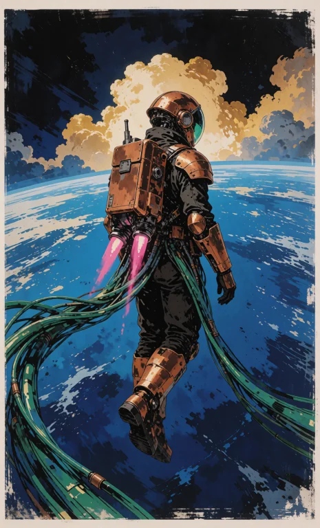 A Copper-armored Explorer Floats Above A Deep Blue Ocean Pla...