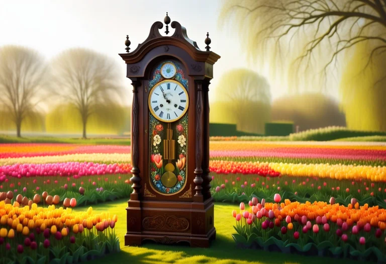 An Antique Grandfather Clock Standing Outdoors In The Middle...