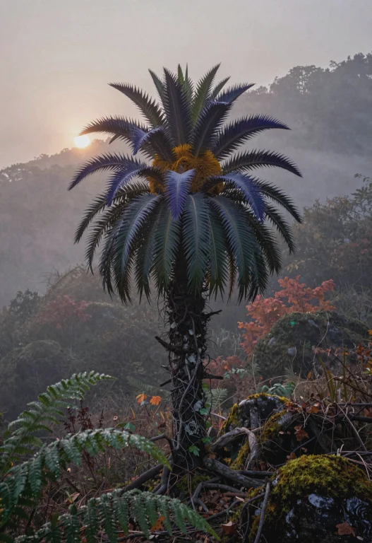 A Tall Hybrid Palm-sunflower Plant Stands As The Central Sub...
