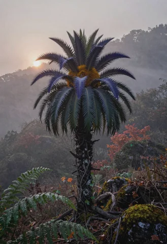 A Tall Hybrid Palm-sunflower Plant Stands As The Central Sub... — Stable Diffusion AI Prompt: A tall hybrid palm-sunflower plant stands as the central subject in a medium-lon...