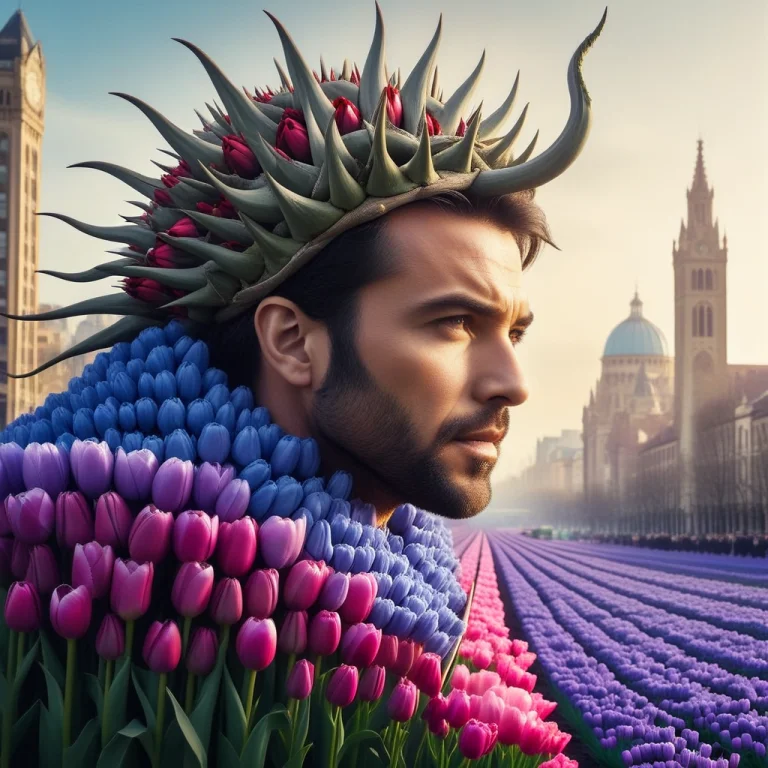 1 Giant Tulip Man, Kaiju Sized, Cape Of Purple And Blue Tuli...
