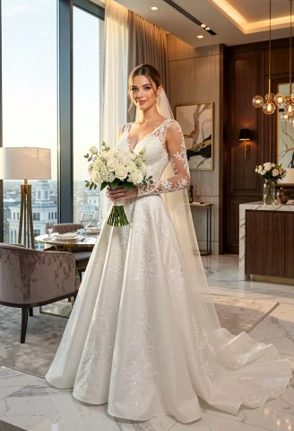Vogue-style, Stunning, Gorgeous, High-fashion Wedding Bride... — FLUX AI Prompt: Vogue-style, stunning, gorgeous, high-fashion wedding bride beauty in a contempo...