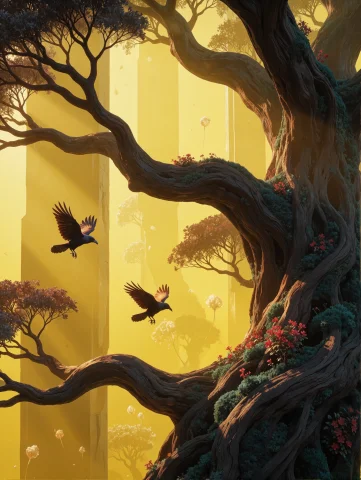 A Hyperrealistic Cgi Render Of A Massive Tree Dominating The... — Stable Diffusion AI Prompt: A hyperrealistic CGI render of a massive tree dominating the right frame with br...