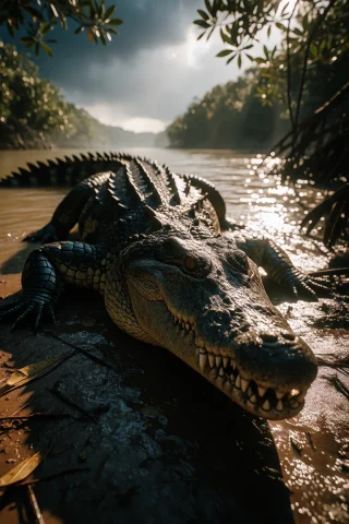 Ta86inkriot, Thin Black Outlines, A Saltwater Crocodile Haul... — Stable Diffusion AI Prompt: ta86_inkriot, thin black outlines, A saltwater crocodile hauling onto a muddy ba...