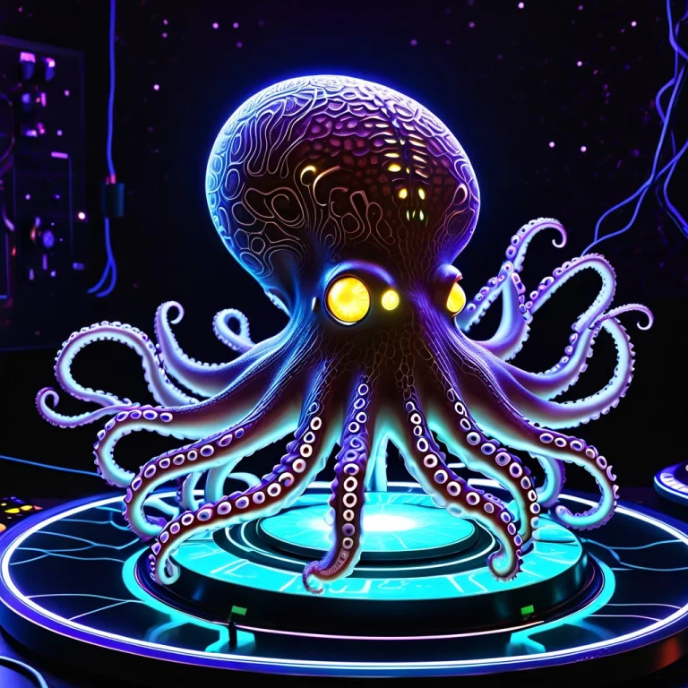An Octopus Dj Playing Glowing Vinyl Turntables, Soft Biolumi...