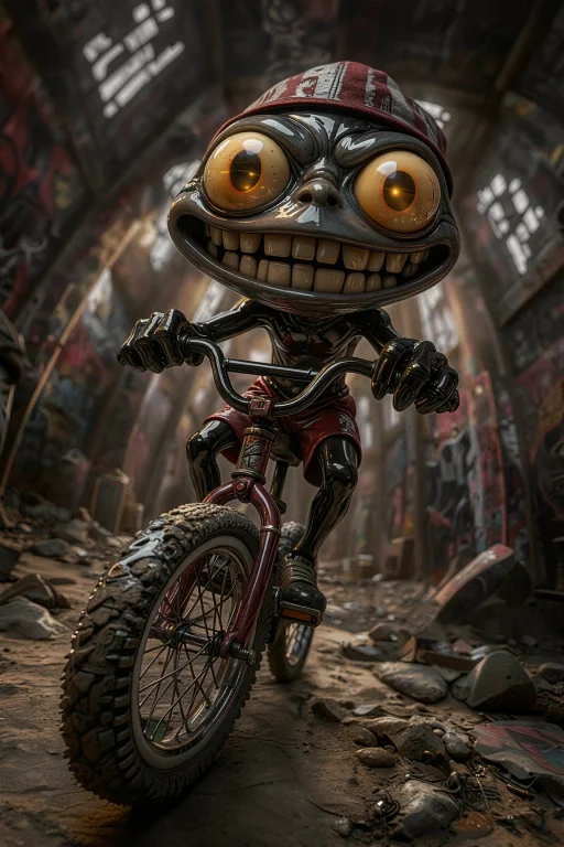 A Creature With Large Eyes And A Wide Grin Rides A Bicycle T...