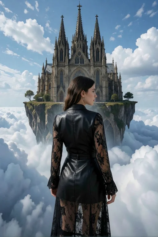 A Woman In Black Leather And Lace Standing With Her Back To...