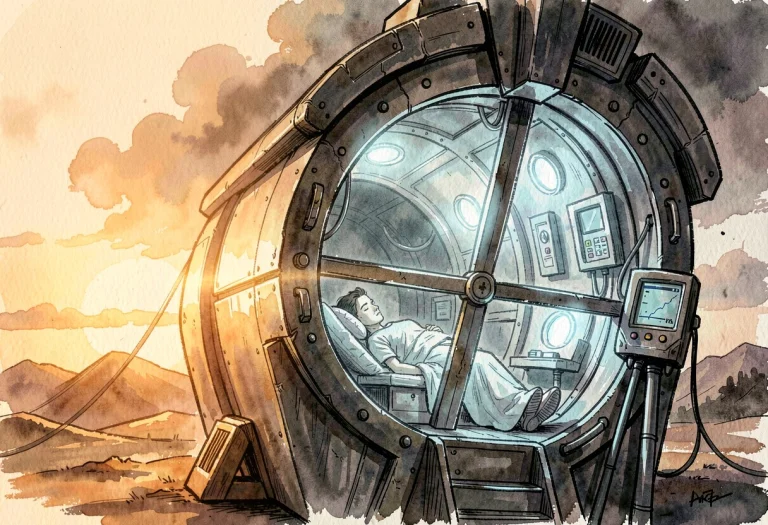 A Cryosleep Chamber Humming With Pale Blue Light, Ink Wash P...
