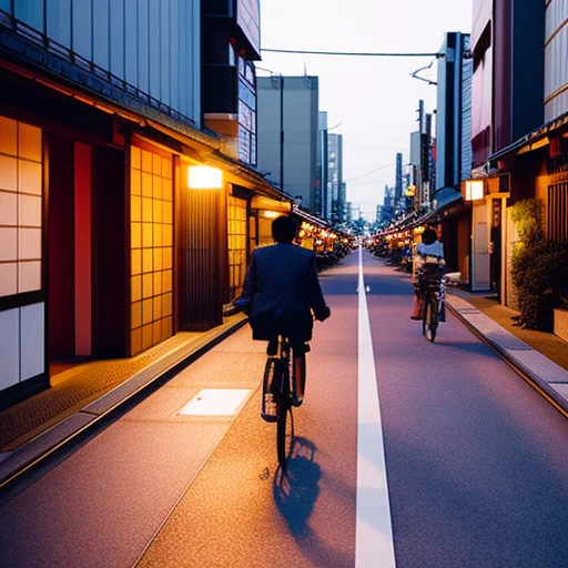 A Man Riding His Bike Down The City Streets Of Japan, Magic...