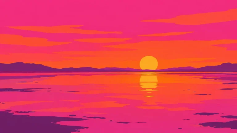 Vivid Pink And Orange Hues Of A Sunset Reflected Across A Sh...