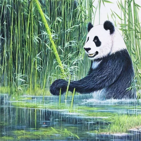 A Panda Splashing In A Stream In The Jungle With Bamboo Tree... — Stable Diffusion AI Prompt: a panda splashing in a stream in the jungle with bamboo trees SCG768-illustrate