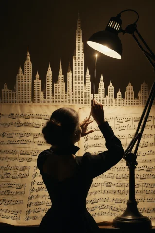 Score Skyline, Wide 34 Cinematic Plate, Mid-body Of A 48-yea... — Stable Diffusion AI Prompt: score skyline, wide 3:4 cinematic plate, mid-body of a 48-year-old conductor wom...