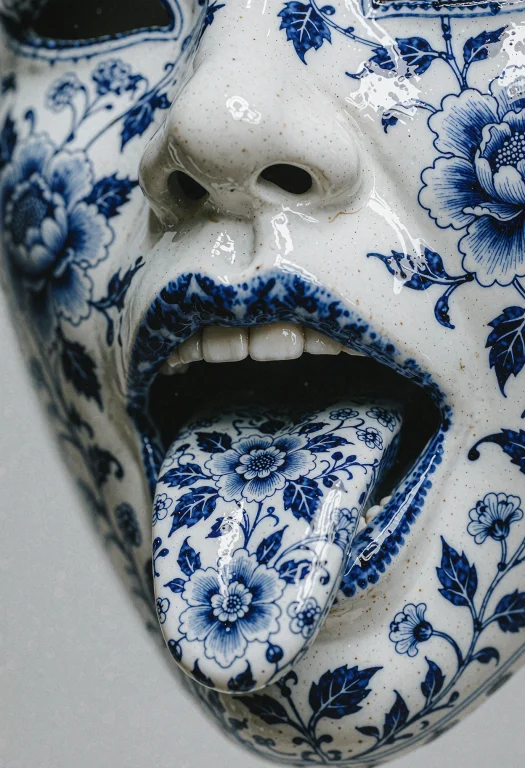 This Photograph Features A Close-up Of A White Ceramic Mask...