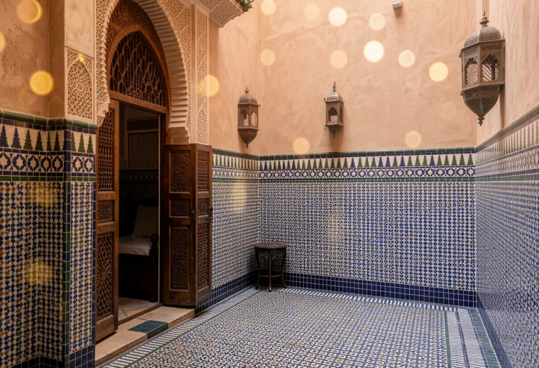 A Moroccan Riad With Intricate Mosaic Tiling, Photorealistic...