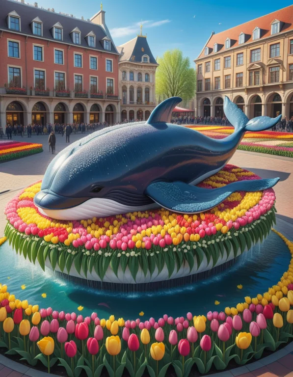 A Whale In A Fountain In A City Square Made Of Tulips, Jaynl...