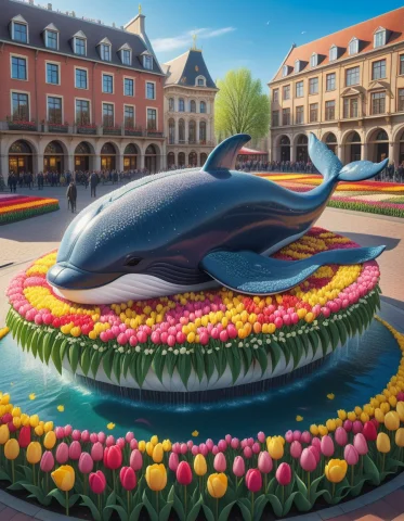 A Whale In A Fountain In A City Square Made Of Tulips, Jaynl... — SDXL AI Prompt: A whale in a fountain in a city square made of tulips, jaynl-tm, lazypos, 
