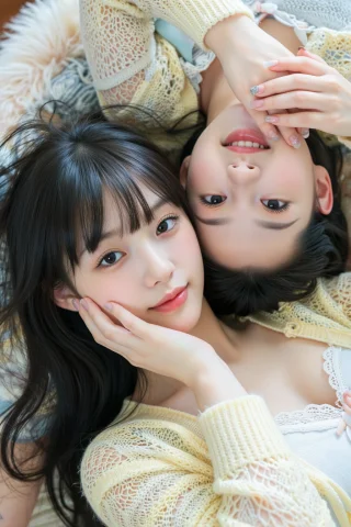 1.58k1.21.11.21.11.11.21.1 — Stable Diffusion AI Prompt: 俯视角度，两位年轻漂亮的东亚女生躺卧在柔软毛绒垫子上，第一位女生(左下)：齐刘海黑...