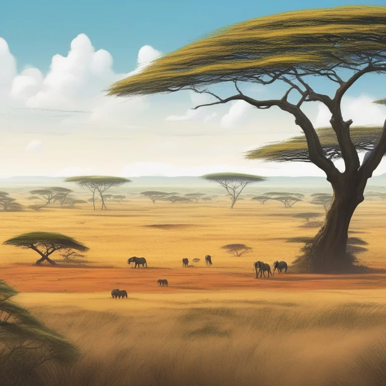 Vast Savanna Dotted With Acacia Trees, Childrens Book Illust...