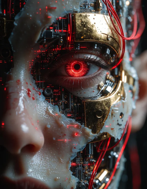 A Close-up View Of A Cyborgs Face, Where The Skin Is Peeling...