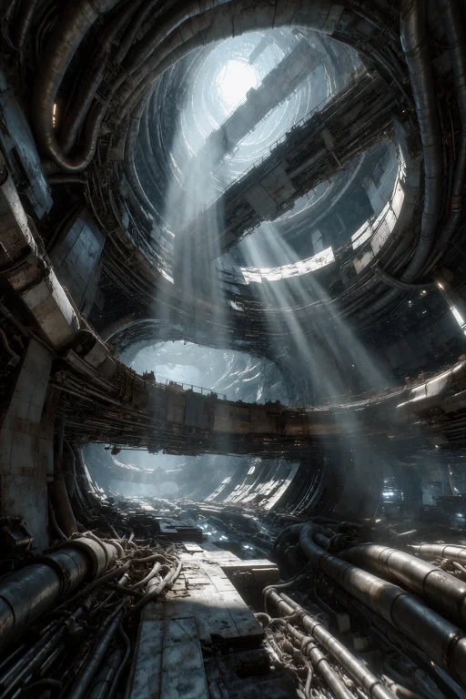 An Extreme Low-angle Shot Inside A Vast Space Station Centra...