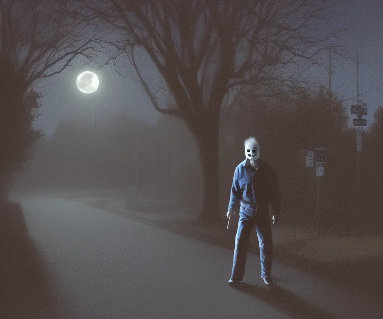 A Portrait Photo Of Michael Myers Walking Down The Street In...