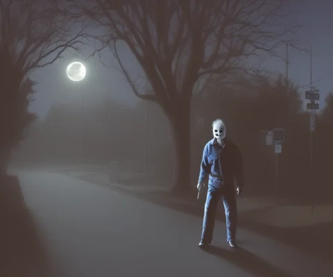 A Portrait Photo Of Michael Myers Walking Down The Street In... — Stable Diffusion AI Prompt: a portrait photo of Michael Myers walking down the street in a suburb on hallowe...