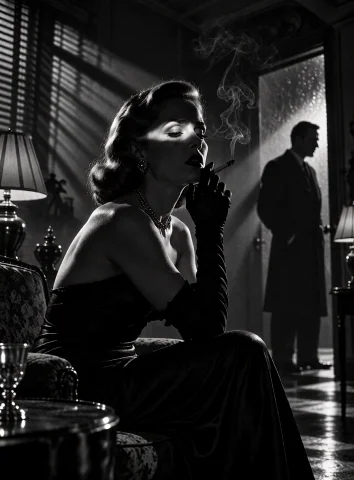 Lorakreanoirstyle1a Dangerously Beautiful 1940s Femme Fatale... — Stable Diffusion AI Prompt: A dangerously beautiful 1940s femme fatale in a black satin evening gown sits al...