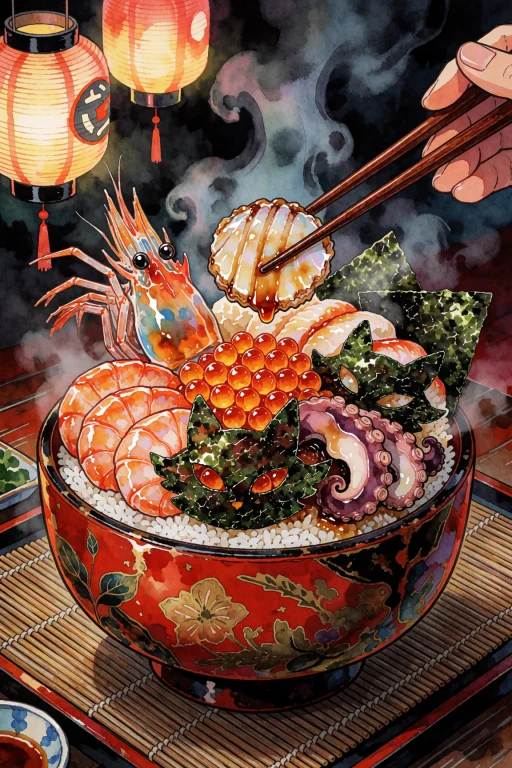 A Lavish, Atmospheric Japanese Folklore Gourmet Illustration...