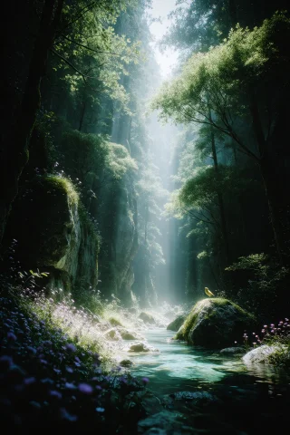 Zidiusart, A Breathtaking Mystical Forest Landscape, A Seren... — Stable Diffusion AI Prompt: zidiusArt, A breathtaking mystical forest landscape, a serene crystal-clear stre...