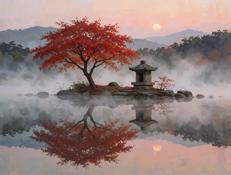 A Fiery Red Maple And A Small Weathered Stone Shrine On A Ti...