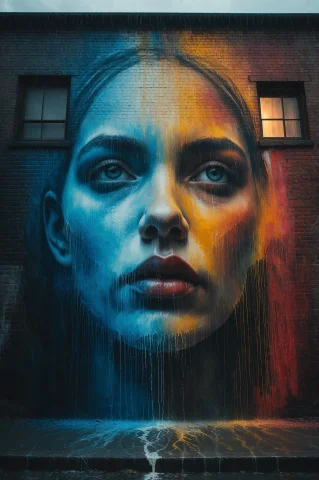 Street Mural Rain Transition, Wide 34 Cinematic Plate, Full-... — Stable Diffusion AI Prompt: street mural rain transition, wide 3:4 cinematic plate, full-face of a painted m...