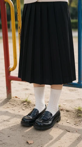 A Persons Lower Half Standing On A Sandy Surface, Wearing A... — Stable Diffusion AI Prompt: A person's lower half standing on a sandy surface, wearing a long black pleated...