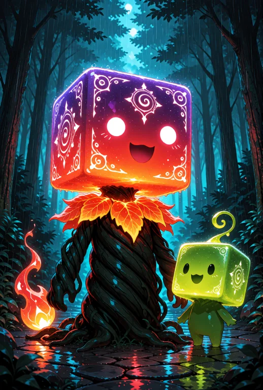 Two Fantastical Cube-headed Creature Spirits, One Large And...