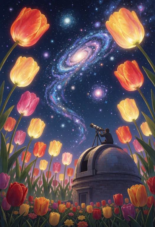 Jaynl-tm,tulips,lone Astronomer On Top Of An Observatory Loo...