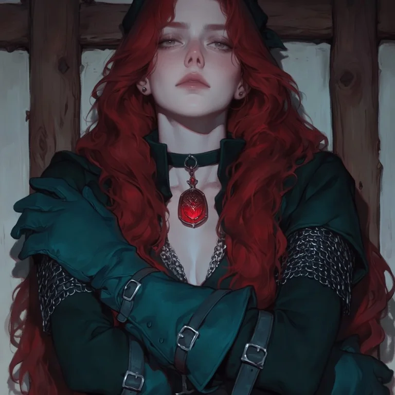 Niji, Dark Theme, Oil Painting, A Red Haired Woman With Pale...