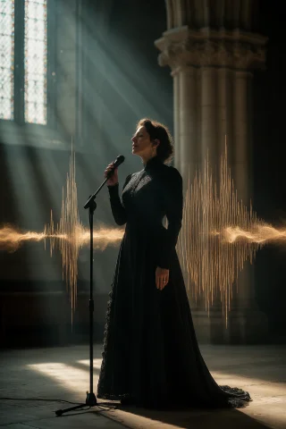 Cathedral Acoustics Portrait, Full-body Of A 48-year-old Sin... — Stable Diffusion AI Prompt: cathedral acoustics portrait, full-body of a 48-year-old singer in a black wool...