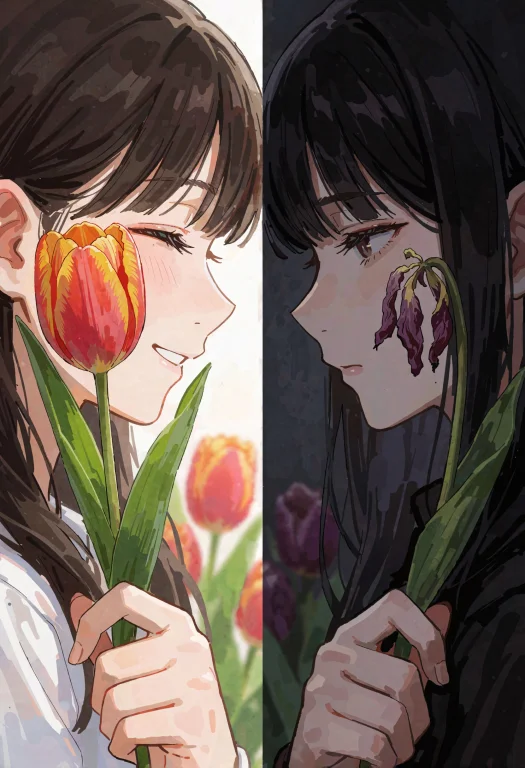 Jaynl-tm,tulips,split Portrait Of Two Girls In Close-up Side...