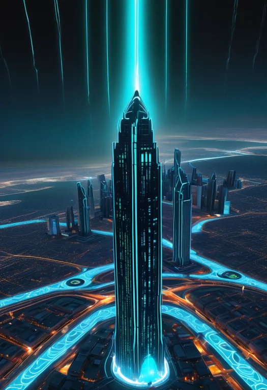 Extreme Birds-eye Aerial View Of An Immense Futuristic Metro...