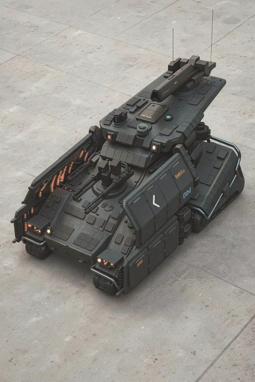 The Tracked Military Vehicle Sits Stationary On Concrete Wit...