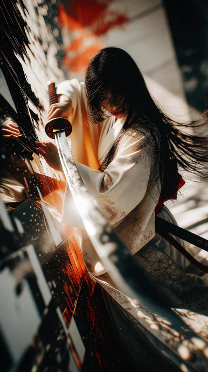 A Striking Woman In A Traditional, Flowing Kimono Stands Poi...