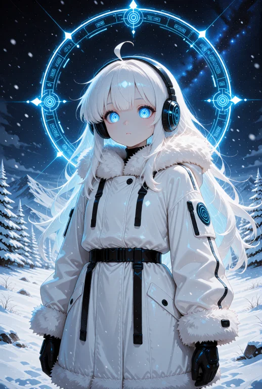 A Petite Android Girl With Long, Voluminous White Hair Style...