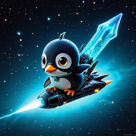 A Bioluminiscent Chibi Penquin Riding A Blue Glowing Comet,... — SDXL AI Prompt: A bioluminiscent chibi penquin riding a blue glowing comet, soaring through the...